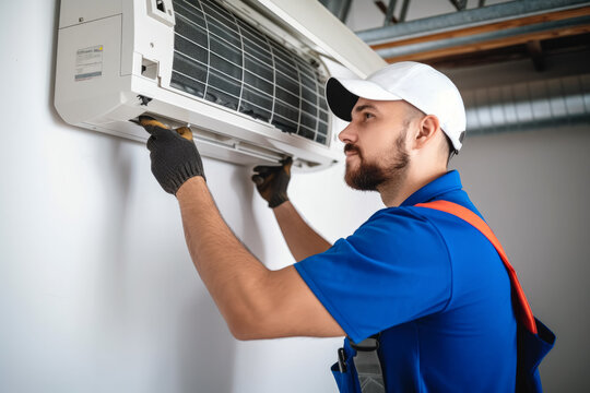 HVAC technician installing a mini split air conditioner in Pacifica