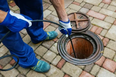 Plumber cleaning an outdoor sewer drain in Pacifica