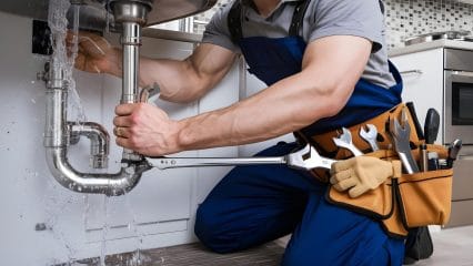 Plumber repairing pipes beneath a sink in Pacifica